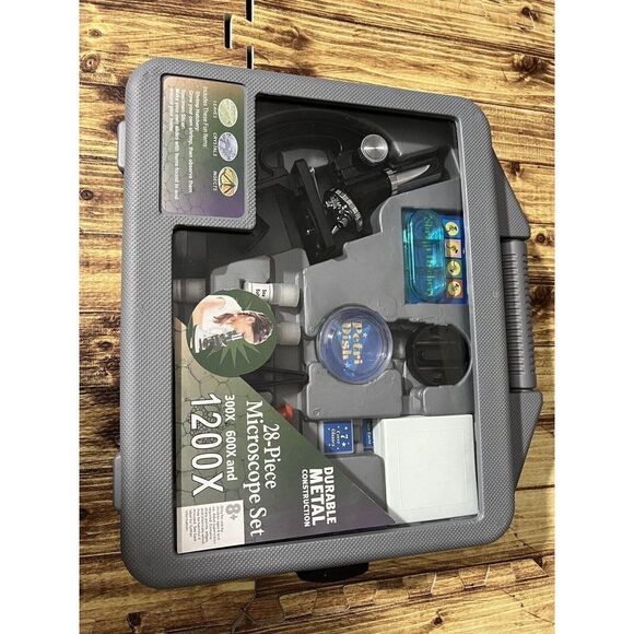 Kids 28 Piece Microscope Set 300X 600X 1200X - Metal w/Slides, Light Unused - Picture 2 of 12